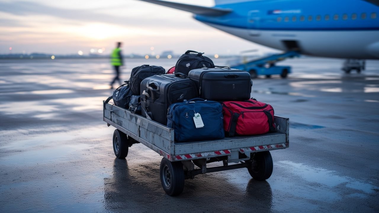 A weathered baggage cart loaded with suitcases and duffel bags on a wet airport apron at dawn, the tail of an airliner blurred behind it