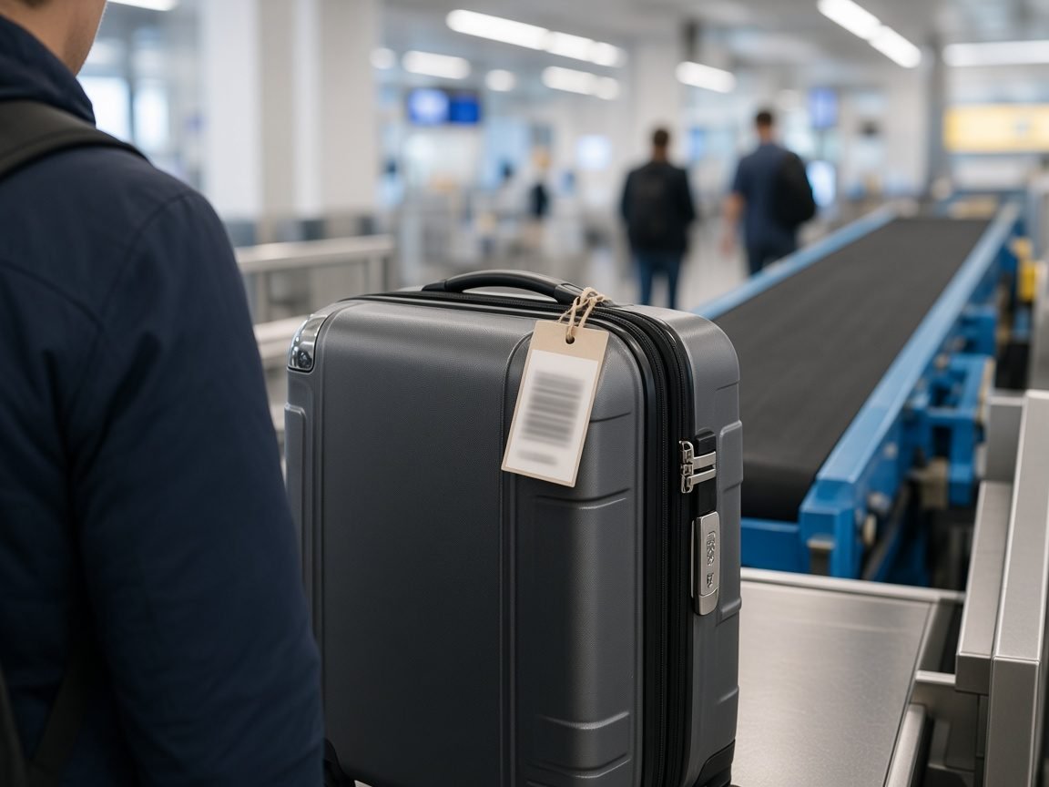 A grey hard-shell suitcase with a paper tag on its handle standing on the scale at an airport check-in desk, a traveller's shoulder at the edge of the frame
