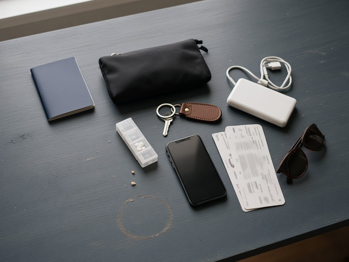 Flat lay on a dark wooden table: passport, boarding passes, phone, power bank, keys, a weekly pill organiser, sunglasses and a zipped pouch