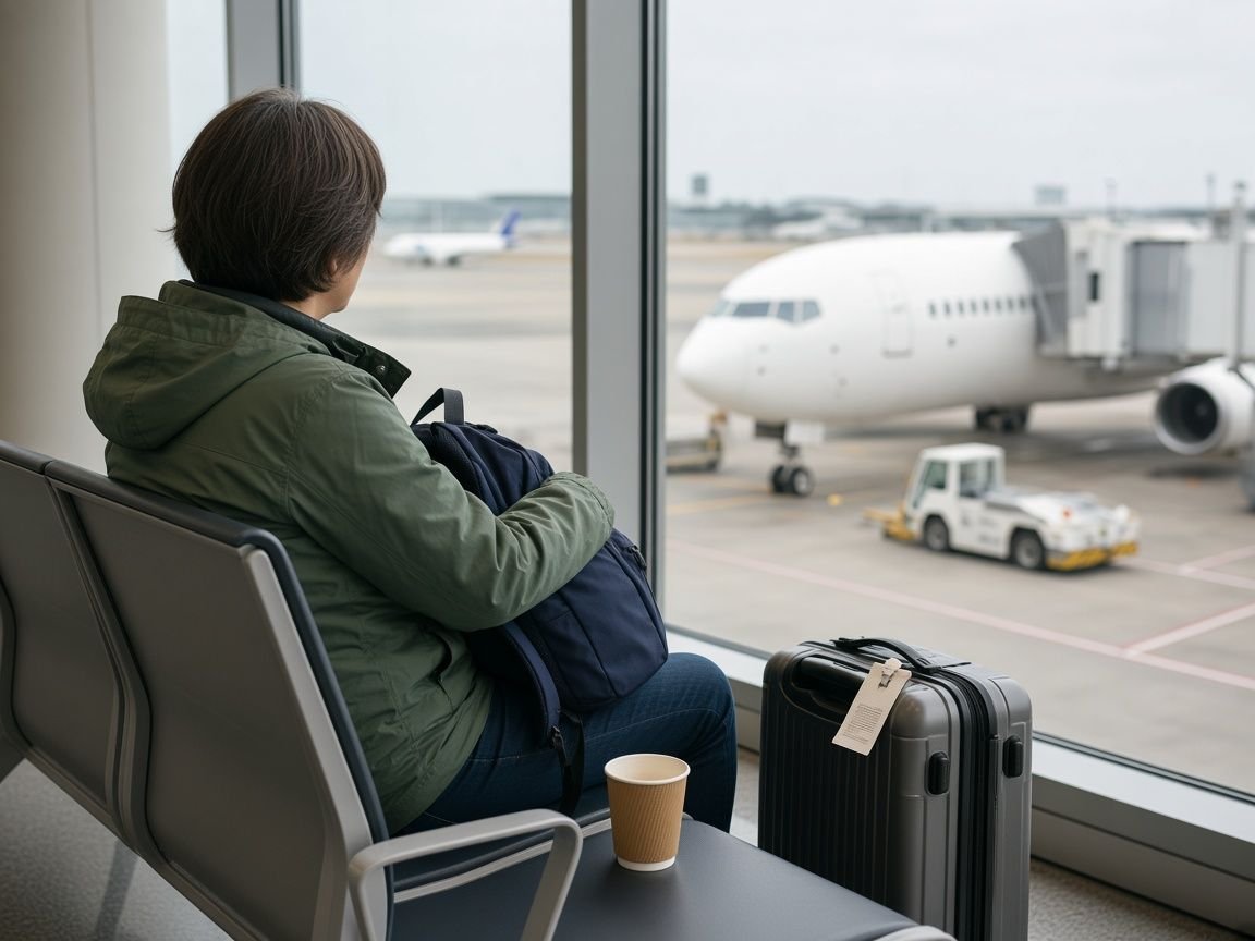 A traveller seen from behind on a gate bench with a small navy backpack held on their lap, a grey hard-shell suitcase beside them and a baggage tractor outside the window