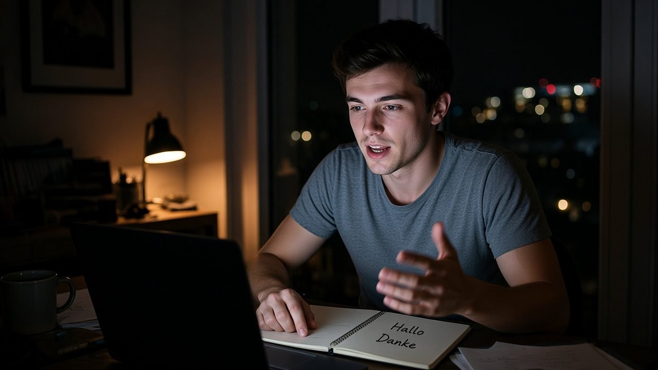 Mann übt abends per Videogespräch Deutsch am Laptop, Notizbuch mit den Wörtern Hallo und Danke daneben