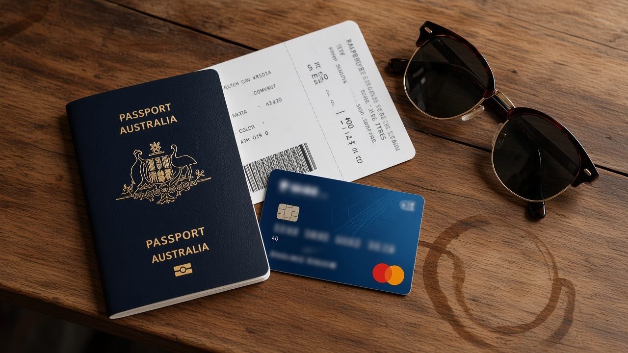Flat lay on a wooden table: an Australian passport, a boarding pass and a plain blue travel credit card, with sunglasses to one side